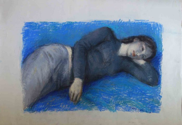 Aurelio Bulzatti - Donna Sdraiata Fondo Blu - Contemporary Art