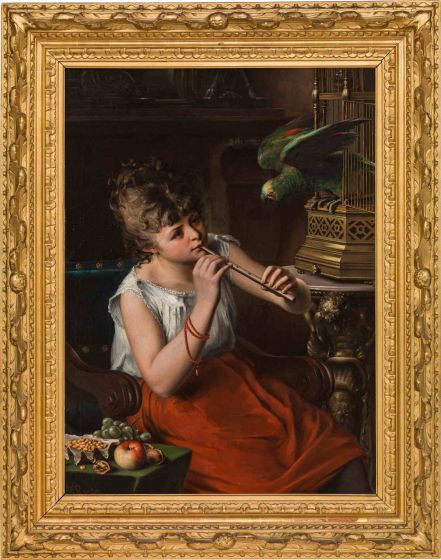 Girl with Parrot Playing the Flute - August Wilhelm Roesler - Old Master Artwork