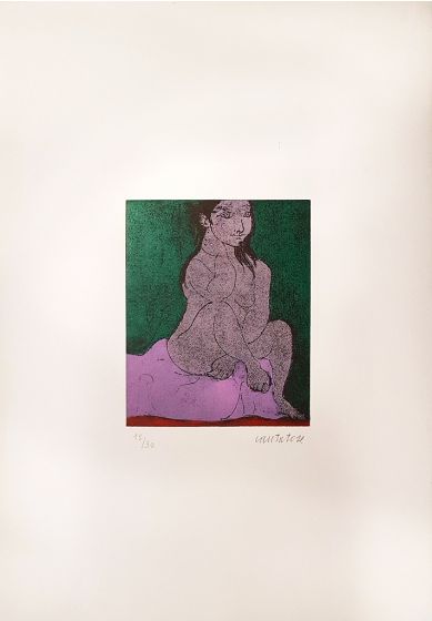 Domenico Cantatore, Donna seduta ( Woman sitting), Etching and Colored Aquatint, 1960, Modern Art, Modern Artwork