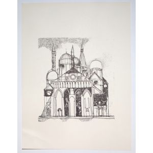 The Cathedral is an original Vintage Offset Print on ivory-colored paper, realized by Franco Gentilini (Italian Painter, 1909-1981), in Late 20th Century.