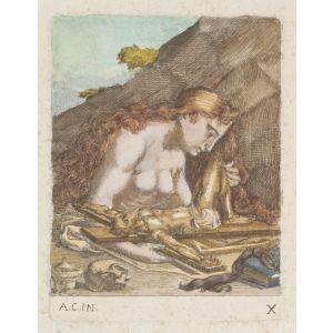 Maddalena is an original drawing in etching technique hand watercolored on paper, realized by Anonymous Artist of the XVII Century.