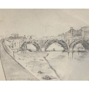 Landscape is an original pencil drawing on cream-colored paper by the Italian artist Ildebrando Urbani (1901 - 1985).
