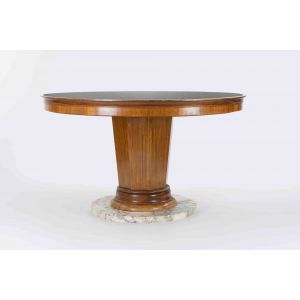 Mid-Century Wooden Table with Marble Base and Glass Top