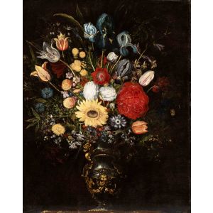 Vase of Flowers in a Metal Vase with a Mask
