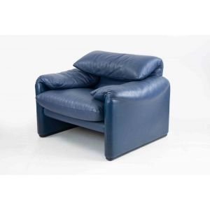 Vintage Maralunga Blue Leather Armchair
