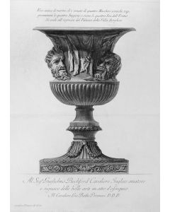 G.B.Piranesi, Antique marble vase decorated with four Masks, 1778., G.B.Piranesi, Etching, Masks, Vase, Old Masters, Engraving, Neoclassicism, Roman fornitures, Antiquities, Rembrandt, Goya, Cavaliere, Francesco, Ficacci, Candelabrum, Plate, Signature, Pr