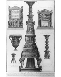 G.B.Piranesi, Three candelabra, a vase and two cinerary urns,1778. G.B.Piranesi, Etching, Vase, Old Masters, Engraving, Neoclassicism, Roman fornitures, Antiquities, Rembrandt, Goya, Cavaliere, Francesco, Ficacci, Candelabrum, Plate, Signature, Proof, Urn
