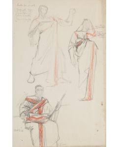 "Studies for Costumes" is an original drawing in tempera and colored tempera on paper, realized by Georges Antoine Rochegrosse 