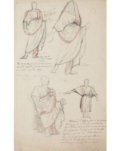 "Studies for Costumes" is an original drawing in tempera and colored tempera on paper, realized by Georges Antoine Rochegrosse