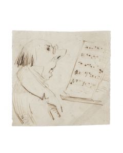 "Music Teacher"  is an original black China ink drawing on ivory-colored paper,  by Anonymous Artist of XX Century.