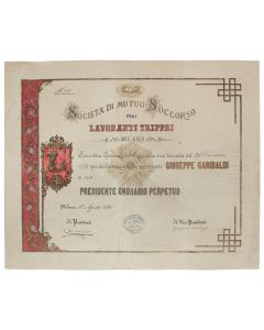 Historical Document is an original print on ivory-colored cardboard realized by Società Di Mutuo Soccorso, in 12 August 1880.