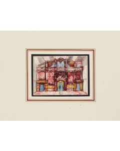 Theatrical Scene is an original monogramm drawing in watercolor and in China ink on cardboard, realized by Russian scenographer Eugène Berman, hand-signed.