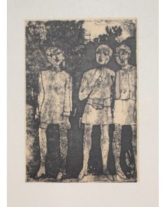 Girls is an original print in Etching technique on ivory-colored paper, realized by Franco Gentilini (Italian Painter, 1909-1981), in Second Half 20th Century.