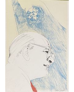 Craxi all'Onu is a splendid lithograph on paper engraved by Nani Tedeschi (1938-2017).