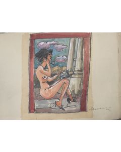"The Phone"  is an original hand colored drawing on ivory-colorated paper by Mino Maccari (1898-1989).