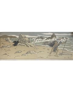 "The Old Man and the Sea" is an original xilograph on brown-colored paper, realized by Henri Riviere.