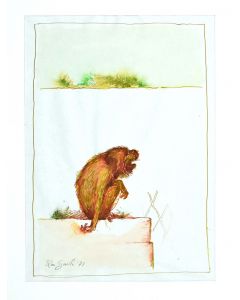 The monkey is an original painting in watercolor on paper by Leo Guida in 1971.