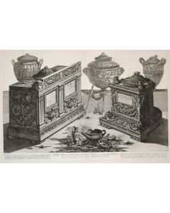 Vasi, candelabri, fine proof, Antiche urne cinerarie e lampade, etching and burin on paper, To Sid Francesco Dickins, handwritten ending note. Very good conditions, Signature on plate, Cavalier, Piranesi, Old masters, 