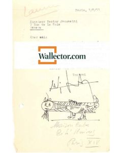 W.Lam, Typewritten Signed Letter with Original Sketch, to N. Jacometti. Paris, 3rd August 1953. Excellent condition