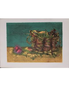 Eva Fischer, Still life with fruit basket and roses, 1975, Colored Litograph, Modern art Artwork, Graphic Art