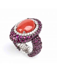 Gold, Mediterranean Coral, Rubies and Diamonds Ring - SOLD
