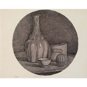 Grande Natura Morta Circolare con Bottiglia e Tre Oggetti - Giorgio Morandi - Modern Art