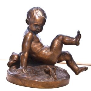 Bronze Sculpture of Child with Teddy Bear and Grasshopper 