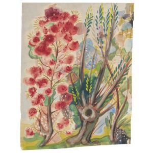 Flowered Garden 1940's is an original drawing in watercolor on paper, realized by Jean Delpech (1988-1916). 
