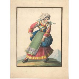Michela De Vito, Woman in Italian typical costumes, Watercolour, 1820 c.a., Artwork, Old Masters, traditional, folkloric, Regno di Napoli, woman, Italian, XIX century