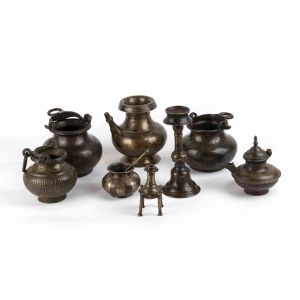 Set of Eight Copper Alloy Containers, One with a Spoon 
