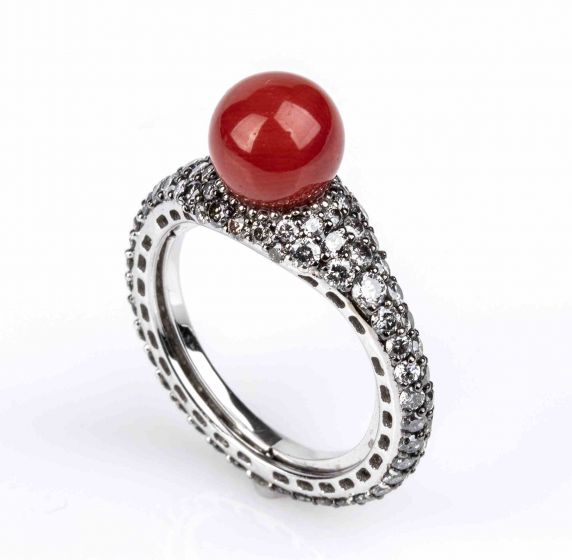 Gold, Coral and Grey Diamonds Ring - SOLD
