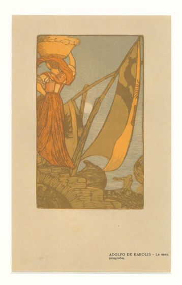 La sera is an original woodcut on ivory-colored paper realized by Adolfo De Karolis. 