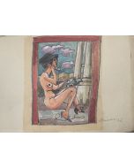 "The Phone"  is an original hand colored drawing on ivory-colorated paper by Mino Maccari (1898-1989).
