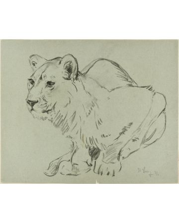 Crouched Lioness and Rubbits by Wilhelm Lorenz- Modern Artwork