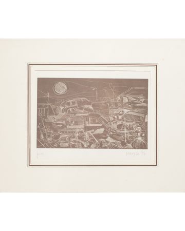 Smashed Carriages is an original print in etching technique on paper realized by Giuseppe Megna.