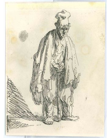 Beggar in a High Cap, Standing and Leaning on a Stick