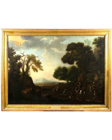 Landscape with Martyrdom of Saint Stephen - Attr. Vincent Adriaenssen called il Manciola - Old Masters Painting