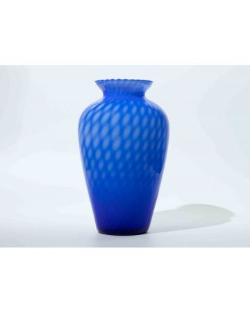 Unknown - Murano Blue Art Glass Vase with Optic Pattern & Ruffled Rim - Decorative Object 