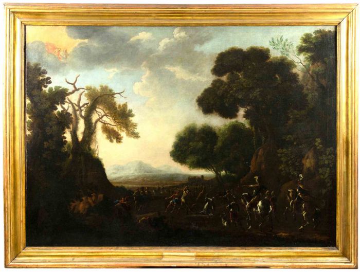 Landscape with Martyrdom of Saint Stephen - Attr. Vincent Adriaenssen called il Manciola - Old Masters Painting