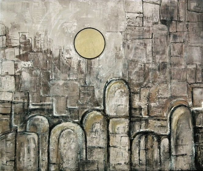 Landscape with golden moon by Paola Romano - Contemporary Artwork 