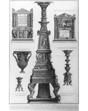 G.B.Piranesi, Three candelabra, a vase and two cinerary urns,1778. G.B.Piranesi, Etching, Vase, Old Masters, Engraving, Neoclassicism, Roman fornitures, Antiquities, Rembrandt, Goya, Cavaliere, Francesco, Ficacci, Candelabrum, Plate, Signature, Proof, Urn