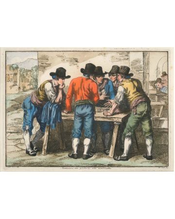 Bartolomeo Pinelli, Monticiani che guocano alla zecchinetta, hand-watercolored Etch, 1819