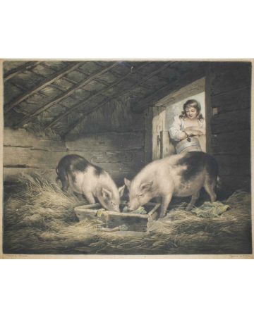 Girl and Pigs by G. Morland, W. Ward - Old Masters Artwork