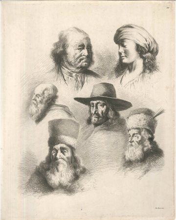 Study of Six Heads  by Jean-Jacques de Boissieu - Old Master's Original Print