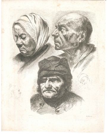 Study of Six Heads  by Jean-Jacques de Boissieu - Old Master's Original Print
