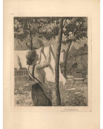 Woman Hanging Laundry by Léon Desbuissons - Modern Artwork