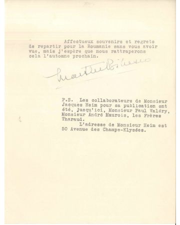 Lot of Two Bibesco's Letters by Marthe Bibesco - Manuscripts
