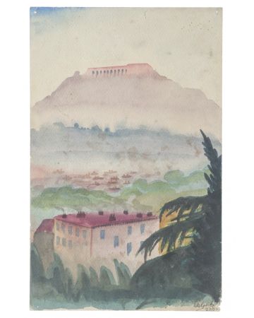 "Landscape" is an original drawing in tempera and watercolor on paper, realized by Jean Delpech (1916-1988