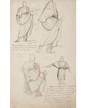 "Studies for Costumes" is an original drawing in tempera and colored tempera on paper, realized by Georges Antoine Rochegrosse