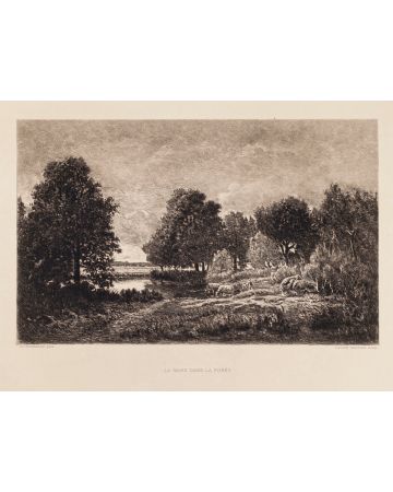 La Mare dans la Foret is an original drawing in etching technique on paper glued on ivory-colored cardboard, signed by Theodore Rousseau (1812-1867).